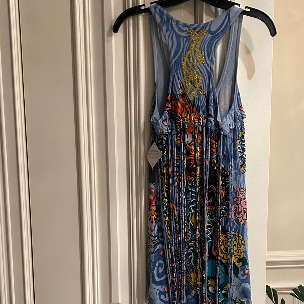 Christian Audigier Multicolor Floral Fringe Dress with Blue Base